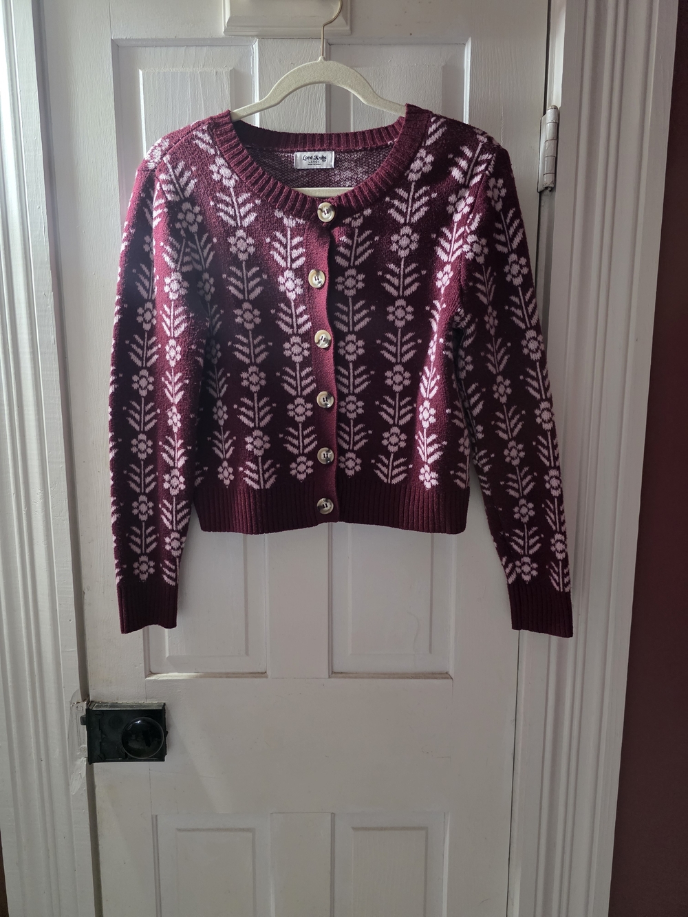 lovestitch Maroon Floral Button-Front Cardigan